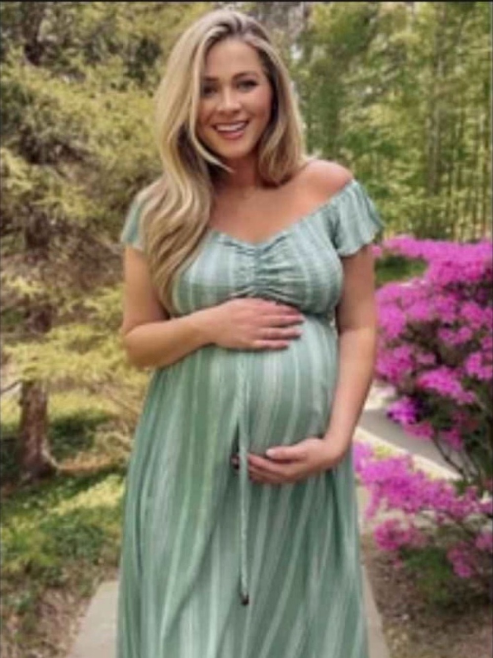 Maternity Off-Shoulder Maxi Dress in Sage Green